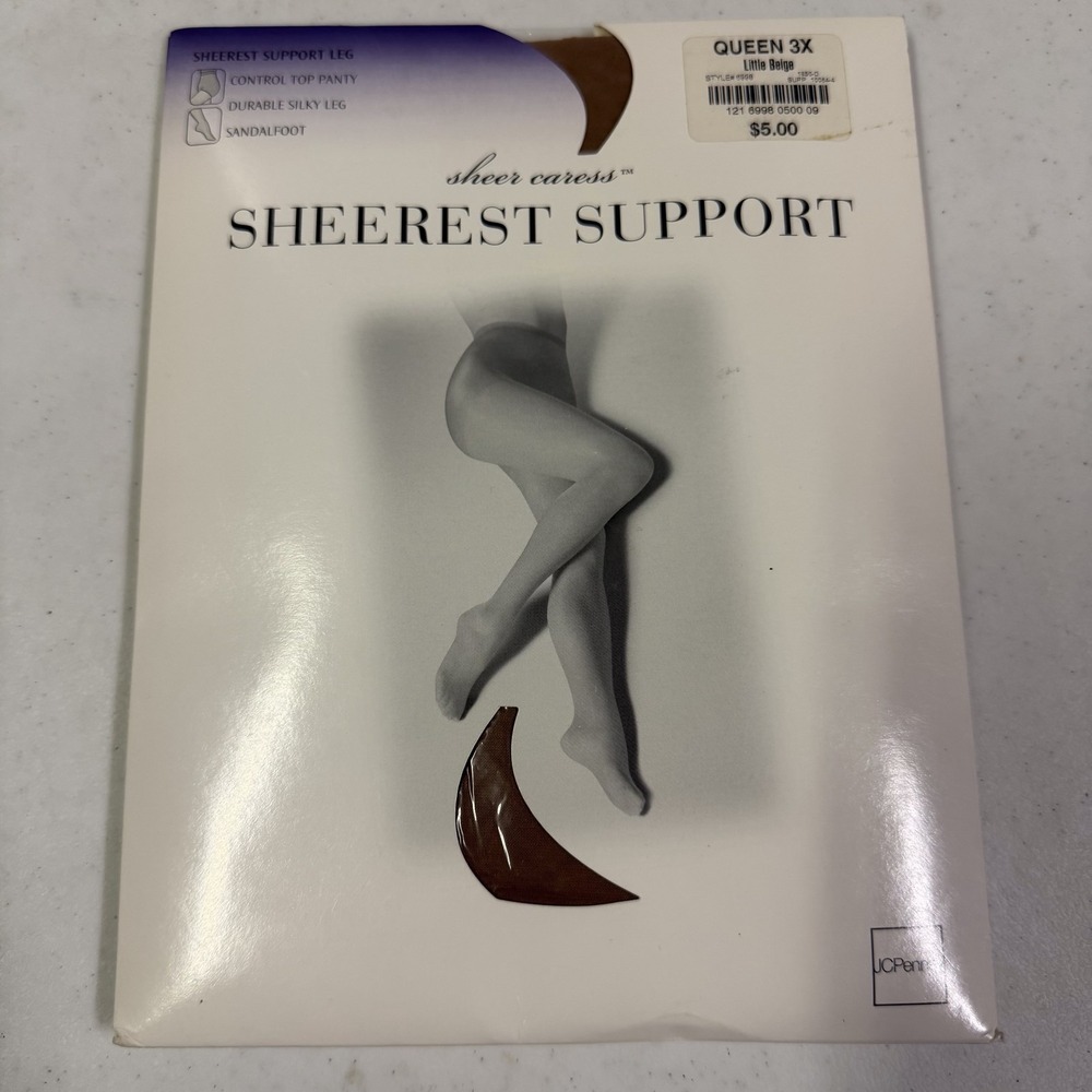 JCPenney Sheer Caress Sheerest Support Pantyhose Queen 3X Little Beige NIP
